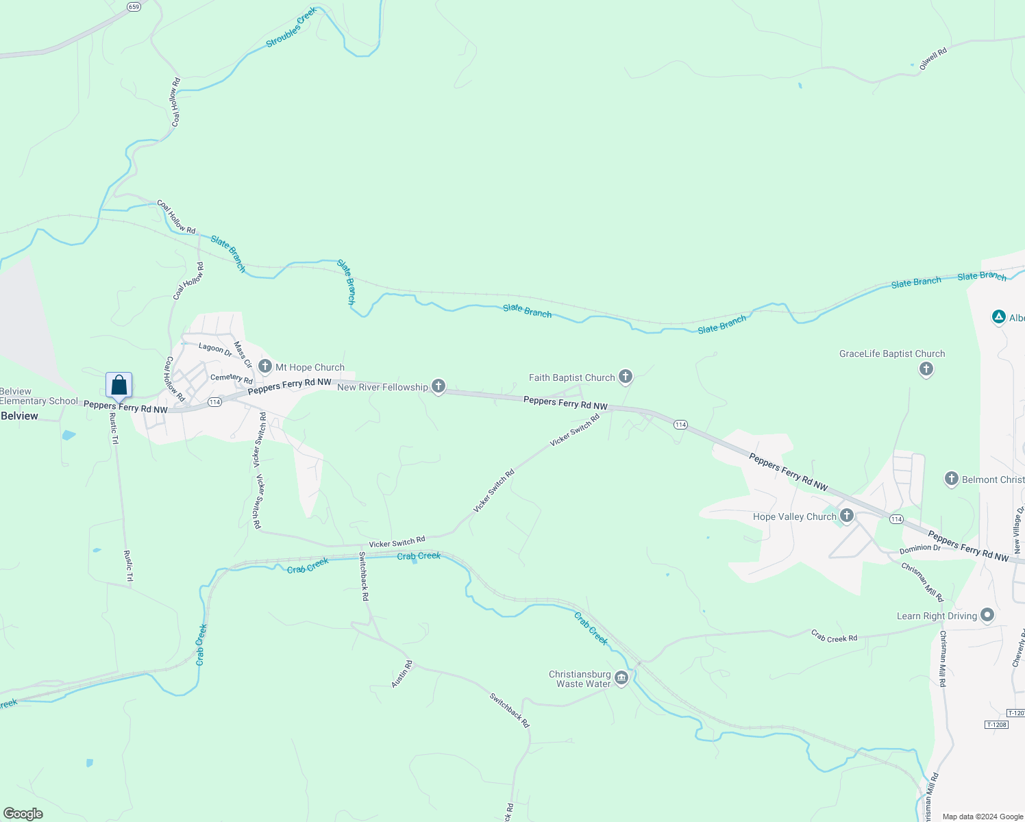 map of restaurants, bars, coffee shops, grocery stores, and more near 2345 Peppers Ferry Road Northwest in Christiansburg