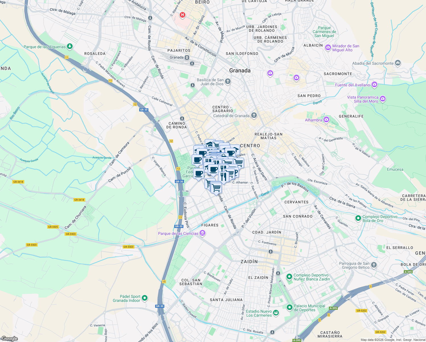 map of restaurants, bars, coffee shops, grocery stores, and more near 15 Calle Pedro Antonio de Alarcón in Granada