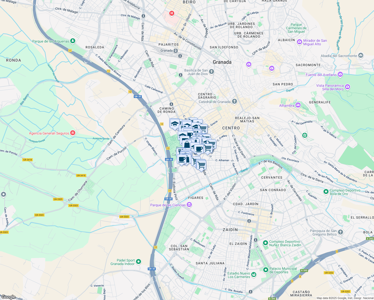 map of restaurants, bars, coffee shops, grocery stores, and more near 5 Calle Virgen Blanca in Granada