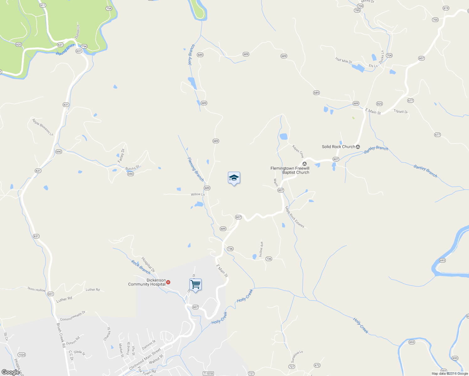 map of restaurants, bars, coffee shops, grocery stores, and more near 199 Charlie Lane in Clintwood