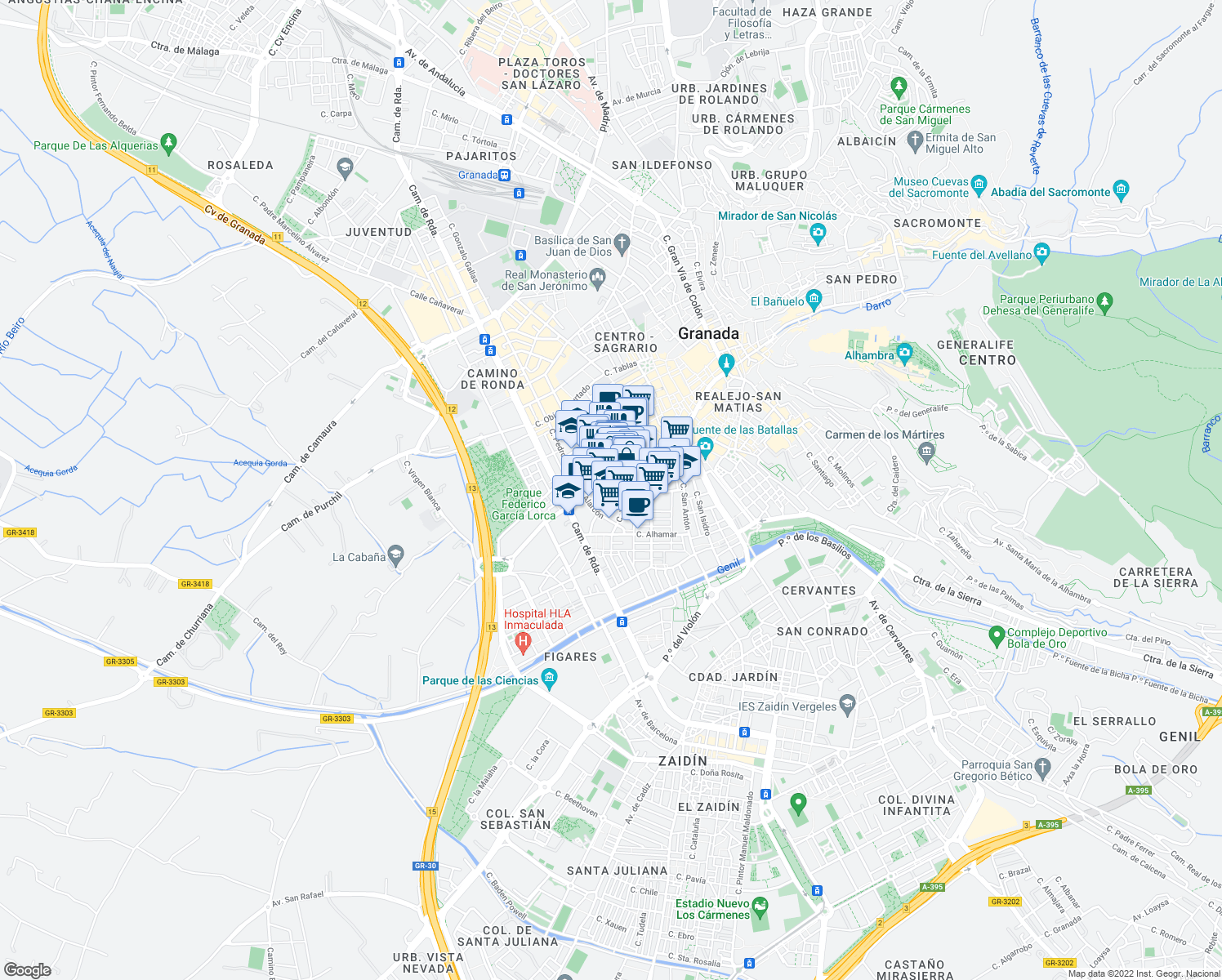 map of restaurants, bars, coffee shops, grocery stores, and more near 35 Calle Recogidas in Granada