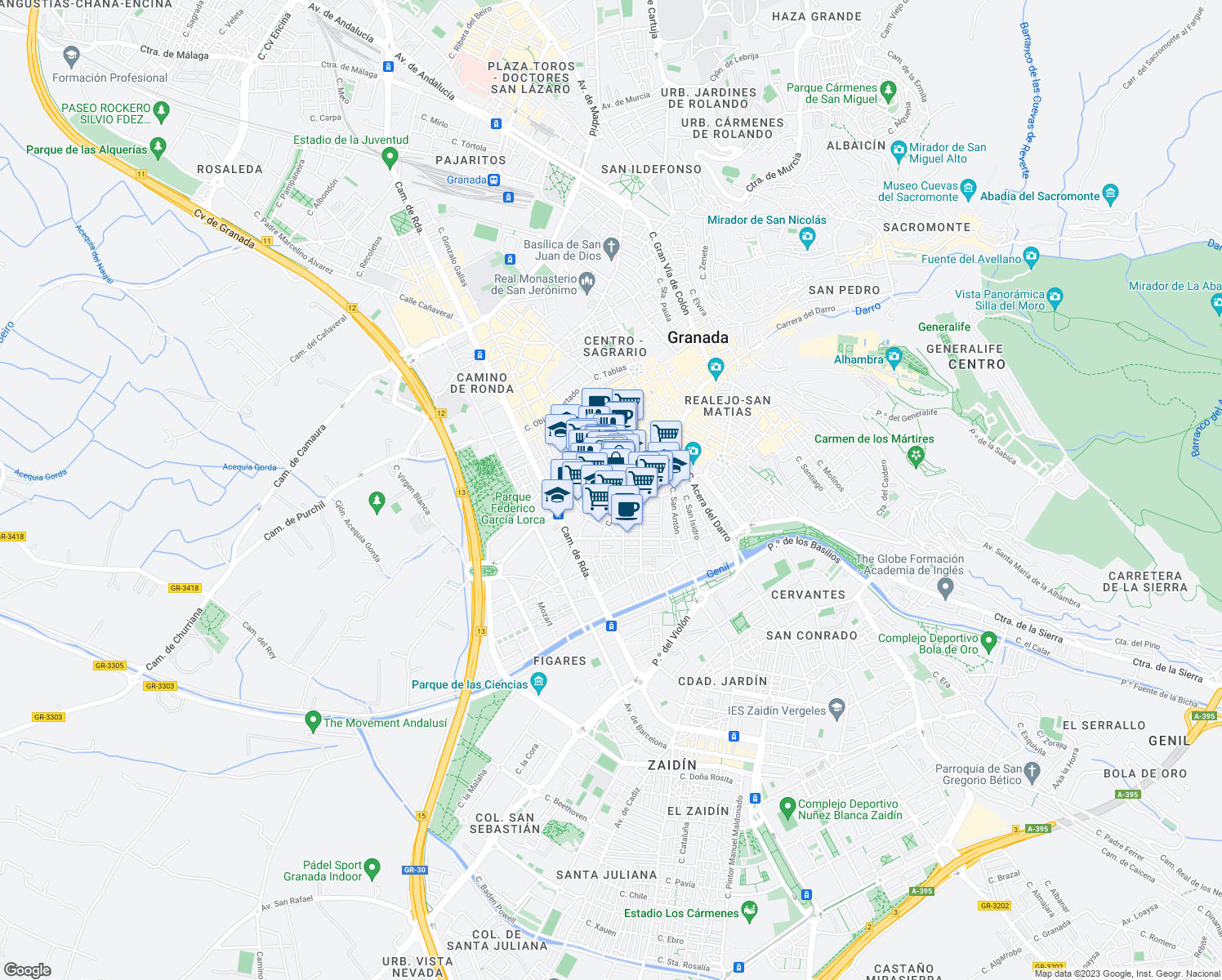 map of restaurants, bars, coffee shops, grocery stores, and more near 35 Calle Recogidas in Granada