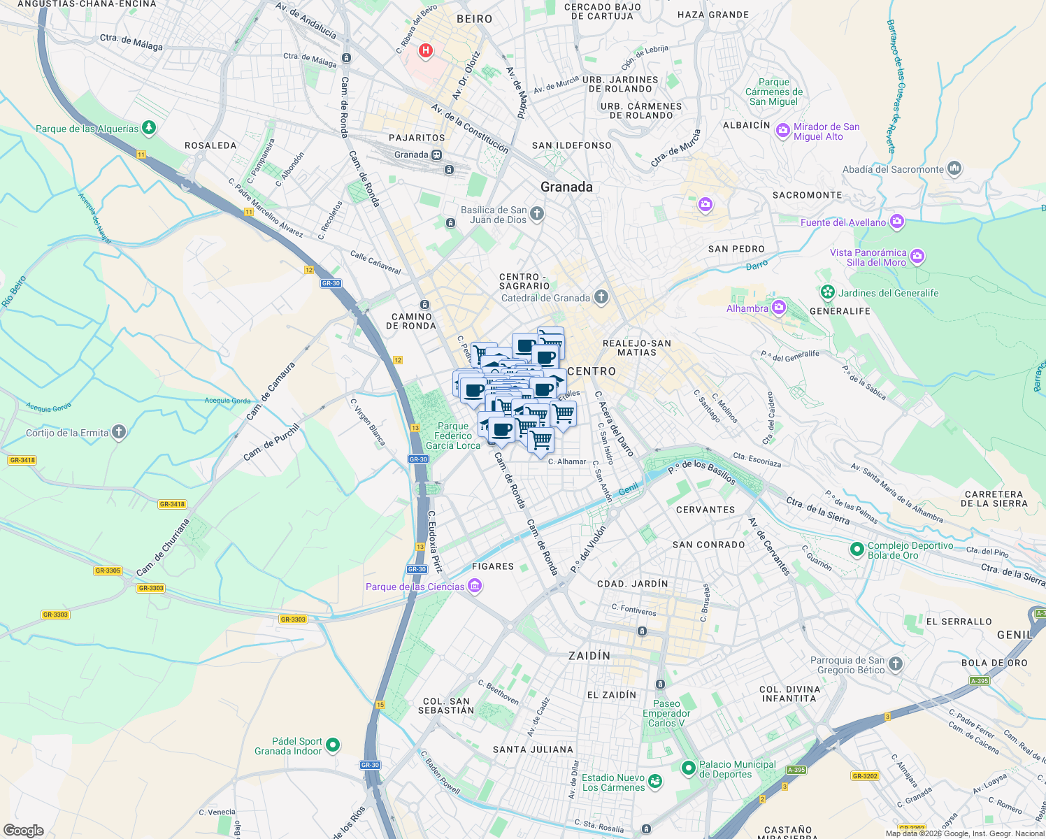 map of restaurants, bars, coffee shops, grocery stores, and more near 4 Calle Cristo de Medinaceli in Granada