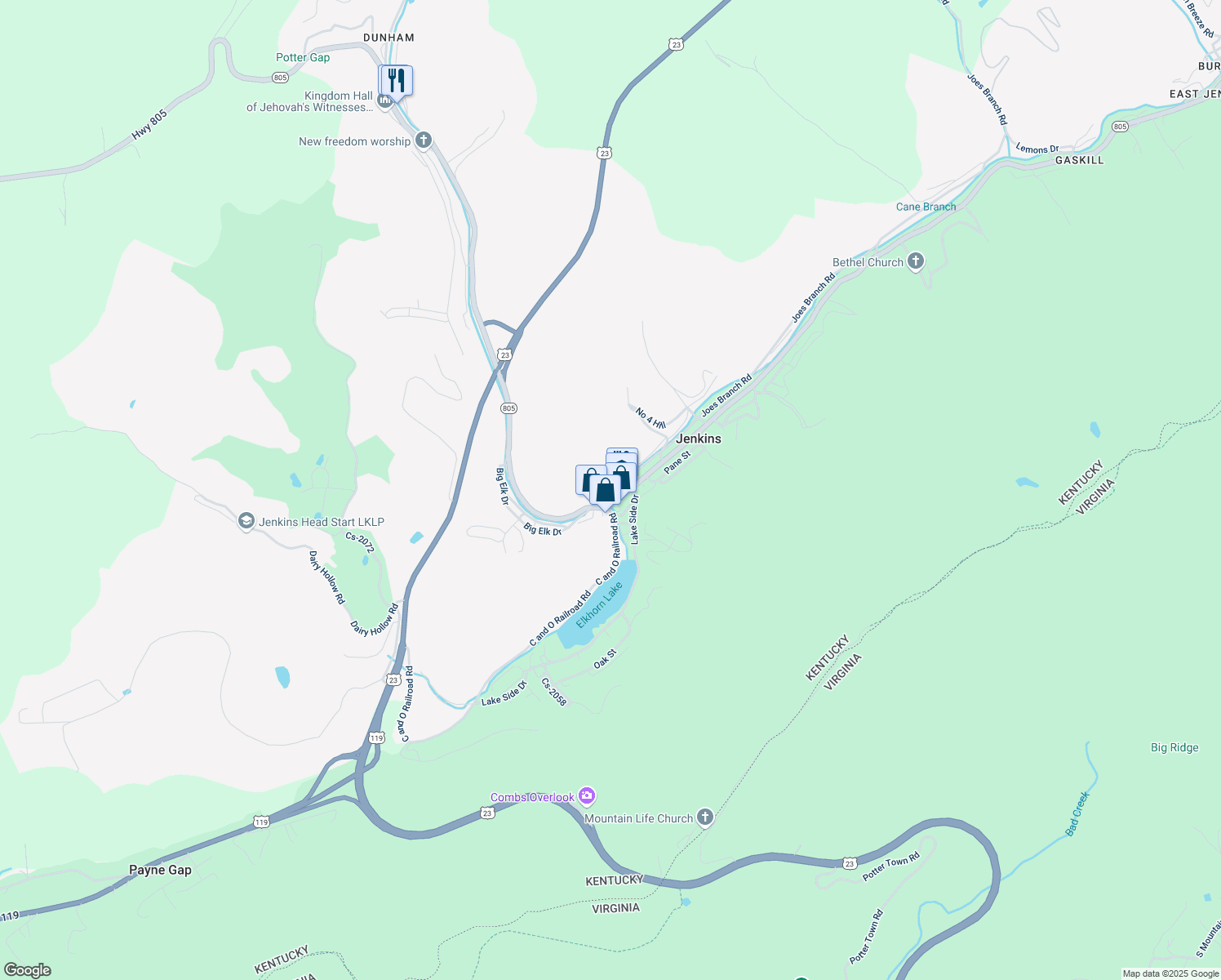 map of restaurants, bars, coffee shops, grocery stores, and more near Freedom Lane in Jenkins