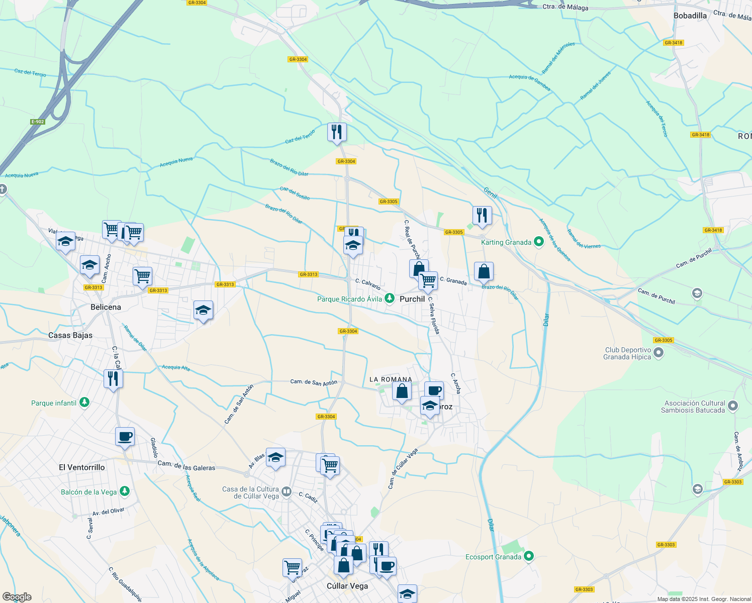 map of restaurants, bars, coffee shops, grocery stores, and more near 6 Calle San Cecilio in Purchil