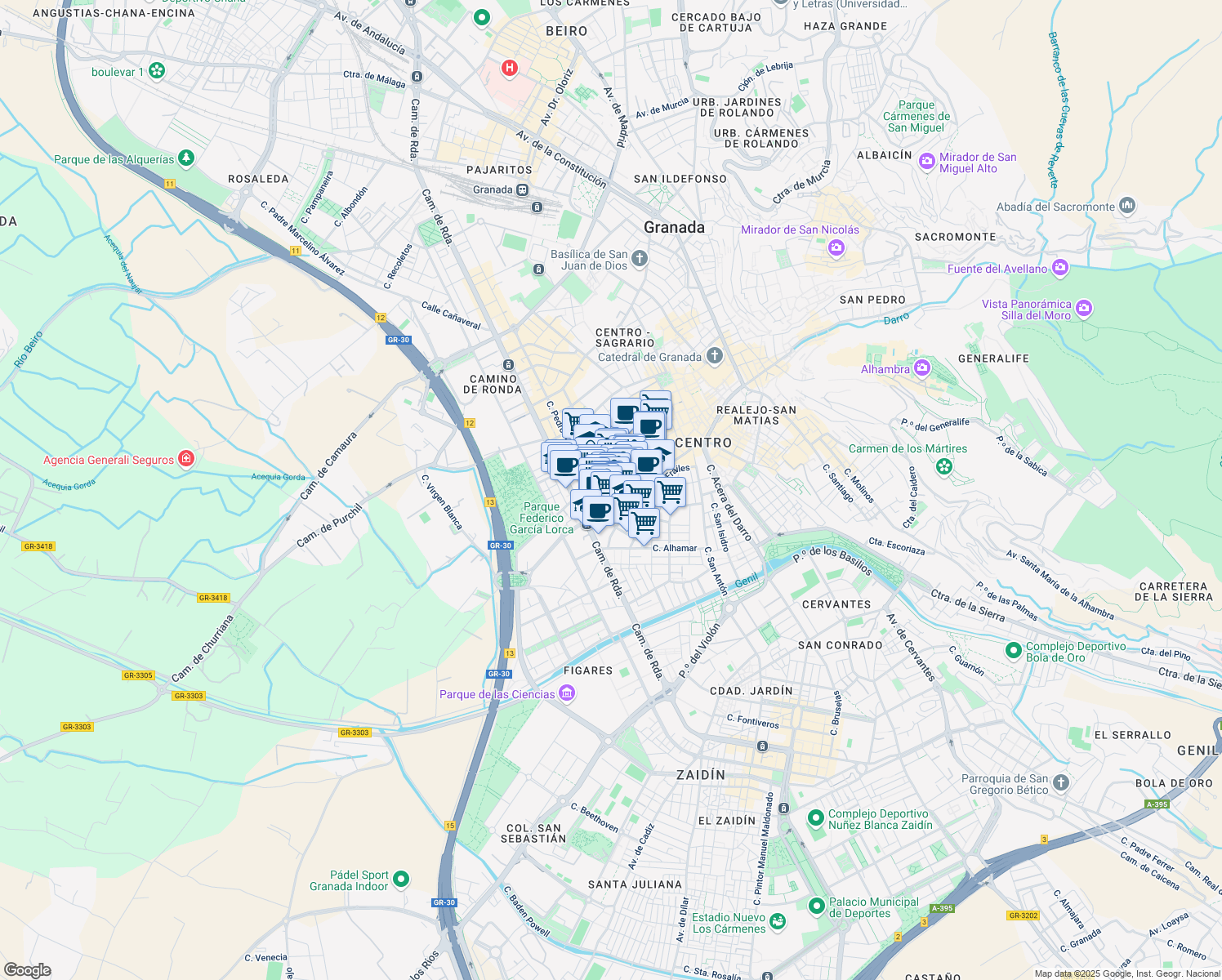 map of restaurants, bars, coffee shops, grocery stores, and more near 4 Calle Cristo de Medinaceli in Granada