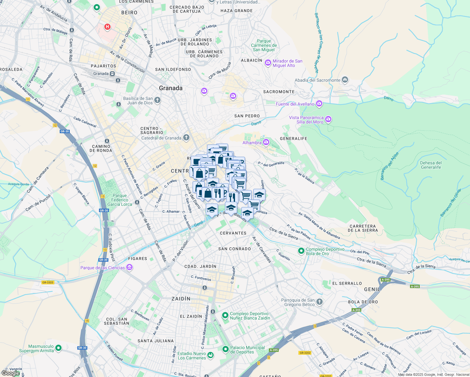 map of restaurants, bars, coffee shops, grocery stores, and more near 30 Calle Santiago in Granada