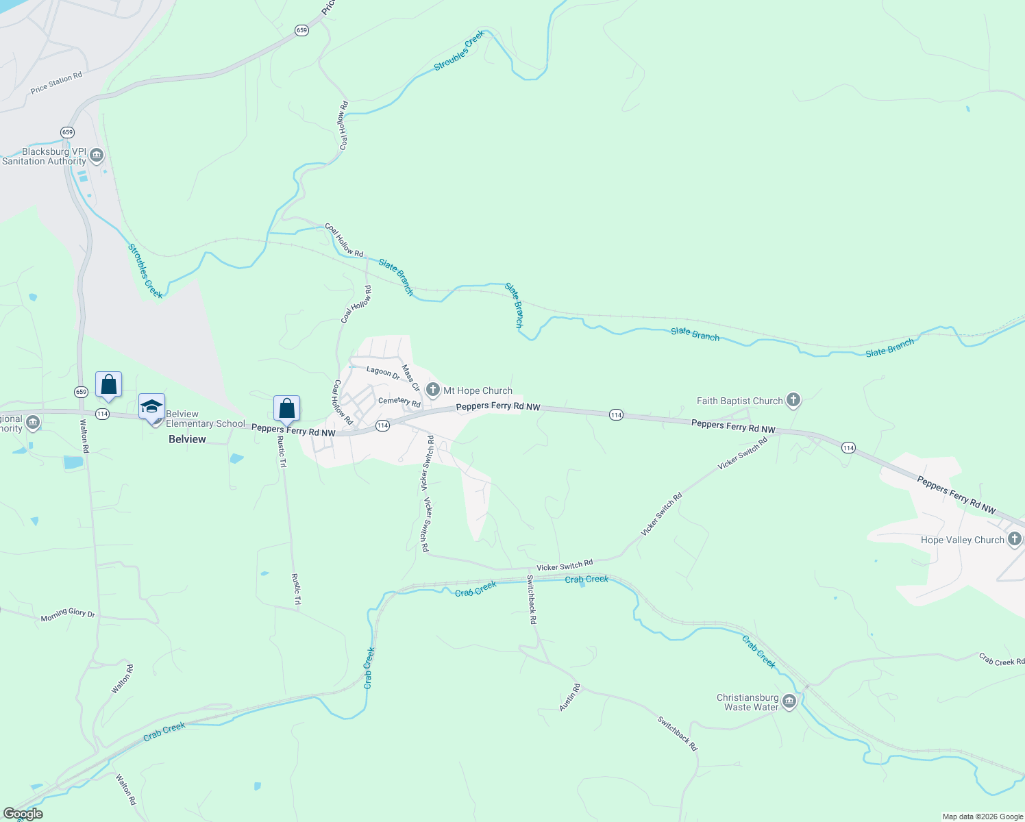 map of restaurants, bars, coffee shops, grocery stores, and more near 2547-2591 Peppers Ferry Road Northwest in Christiansburg