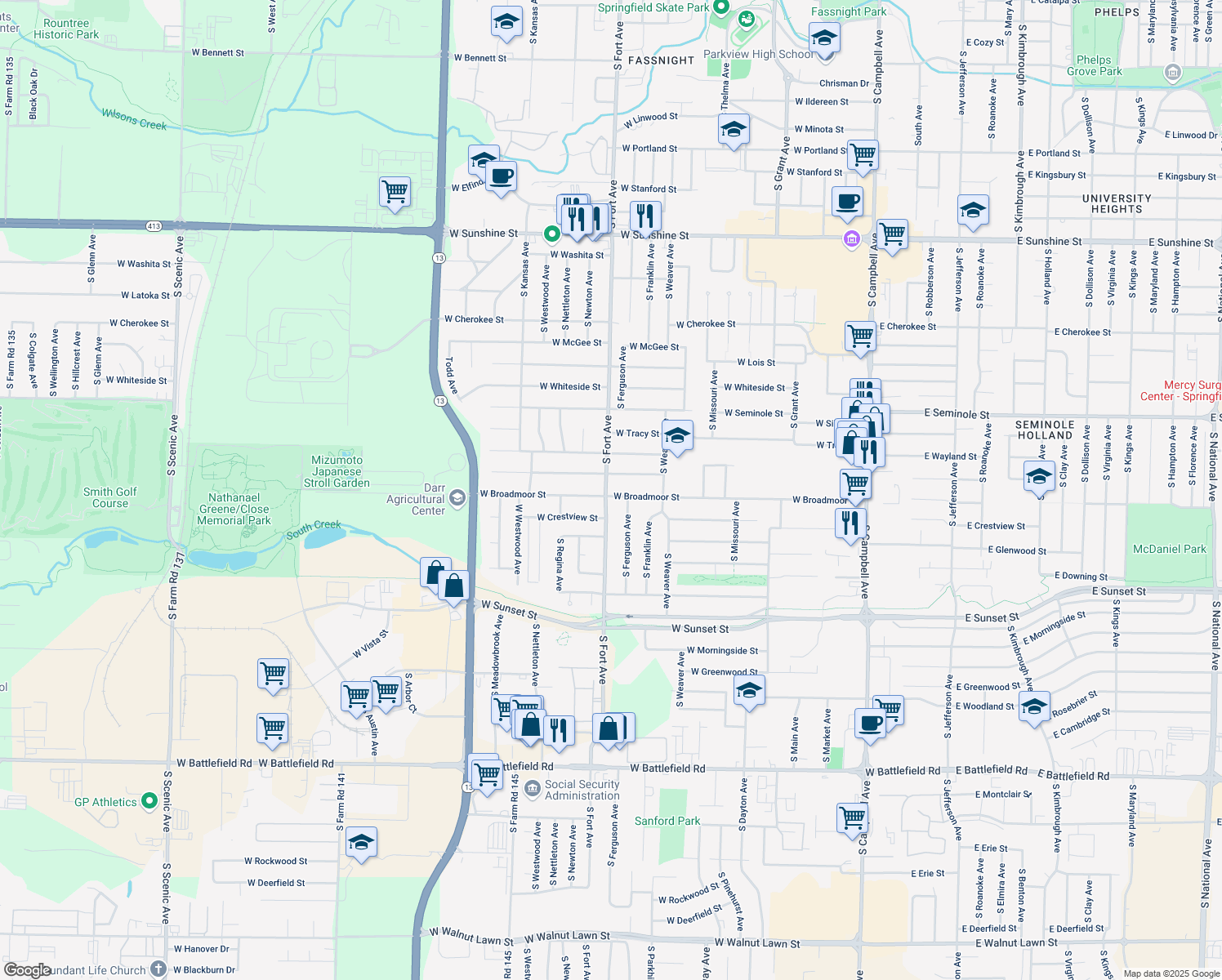 map of restaurants, bars, coffee shops, grocery stores, and more near 1233 W Broadmoor St in Springfield