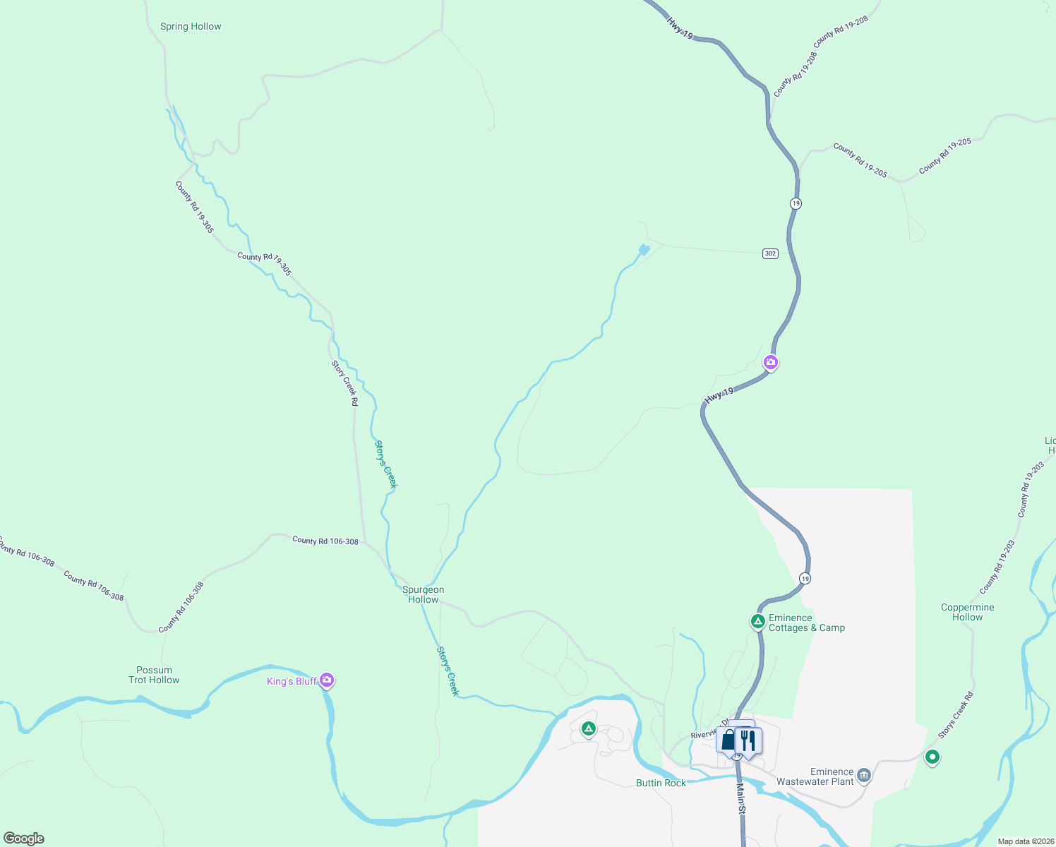 map of restaurants, bars, coffee shops, grocery stores, and more near 15134 Cr 301 in Eminence