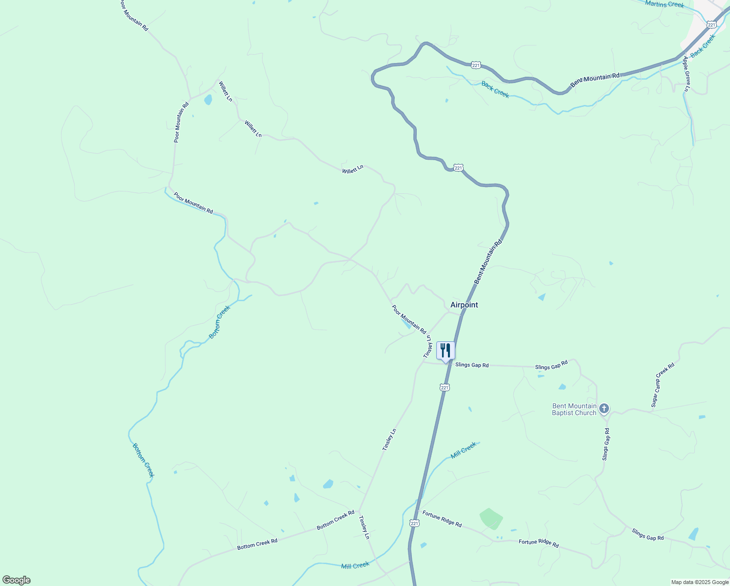 map of restaurants, bars, coffee shops, grocery stores, and more near 9021 Poor Mountain Road in Bent Mountain