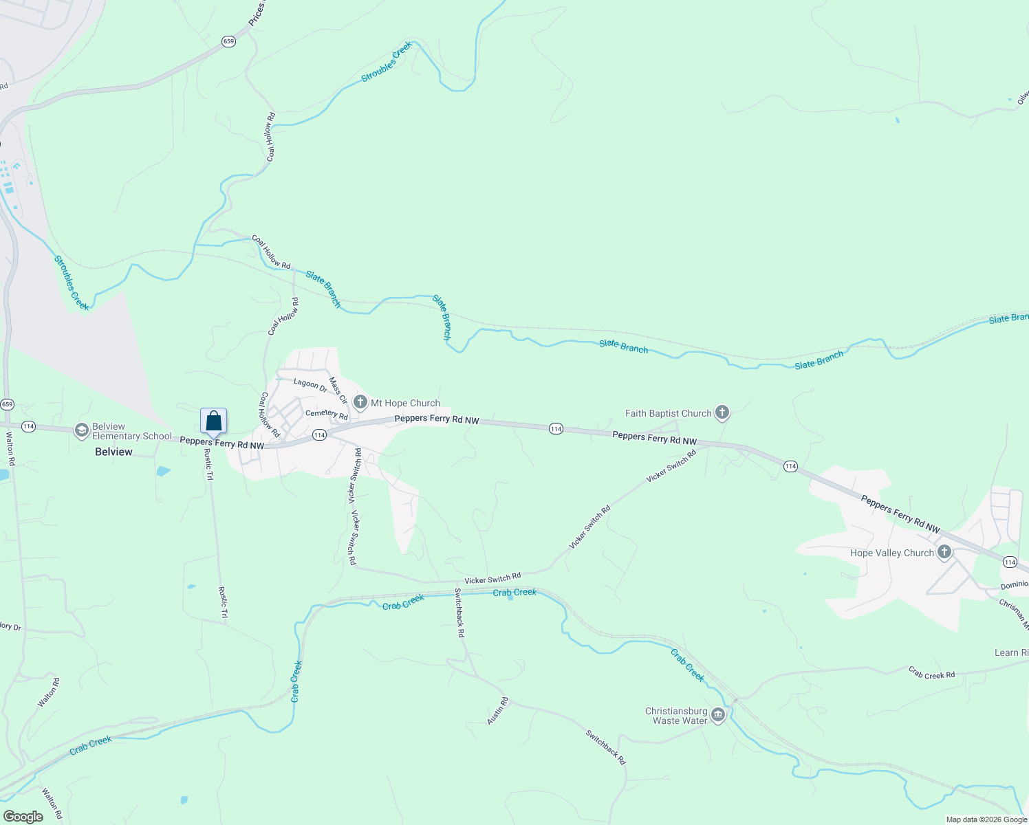 map of restaurants, bars, coffee shops, grocery stores, and more near 2470-2558 Highway 114 in Christiansburg