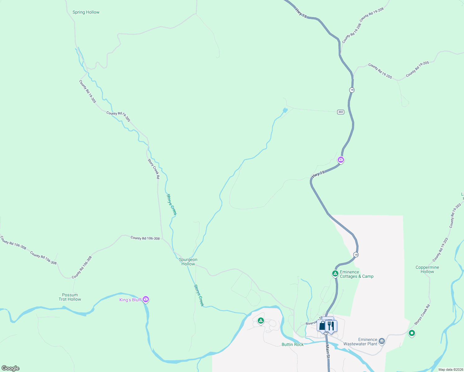 map of restaurants, bars, coffee shops, grocery stores, and more near 15134 Cr 301 in Eminence
