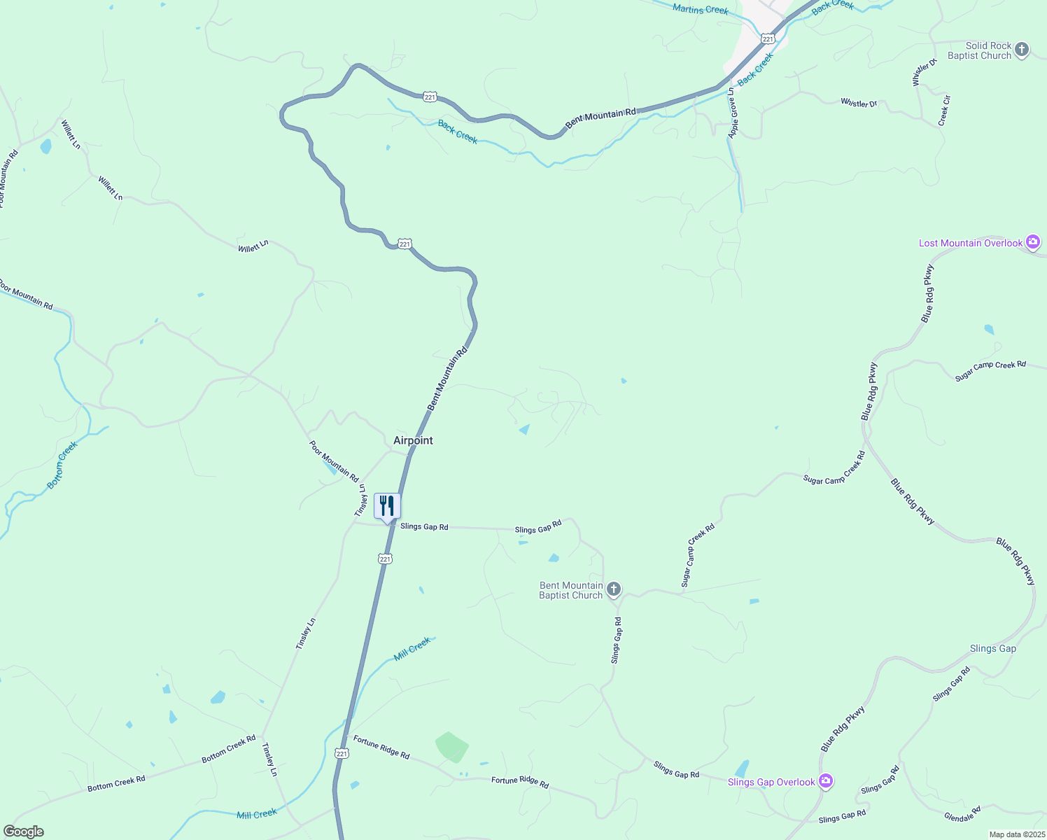 map of restaurants, bars, coffee shops, grocery stores, and more near 9534 Orchard Drive in Bent Mountain
