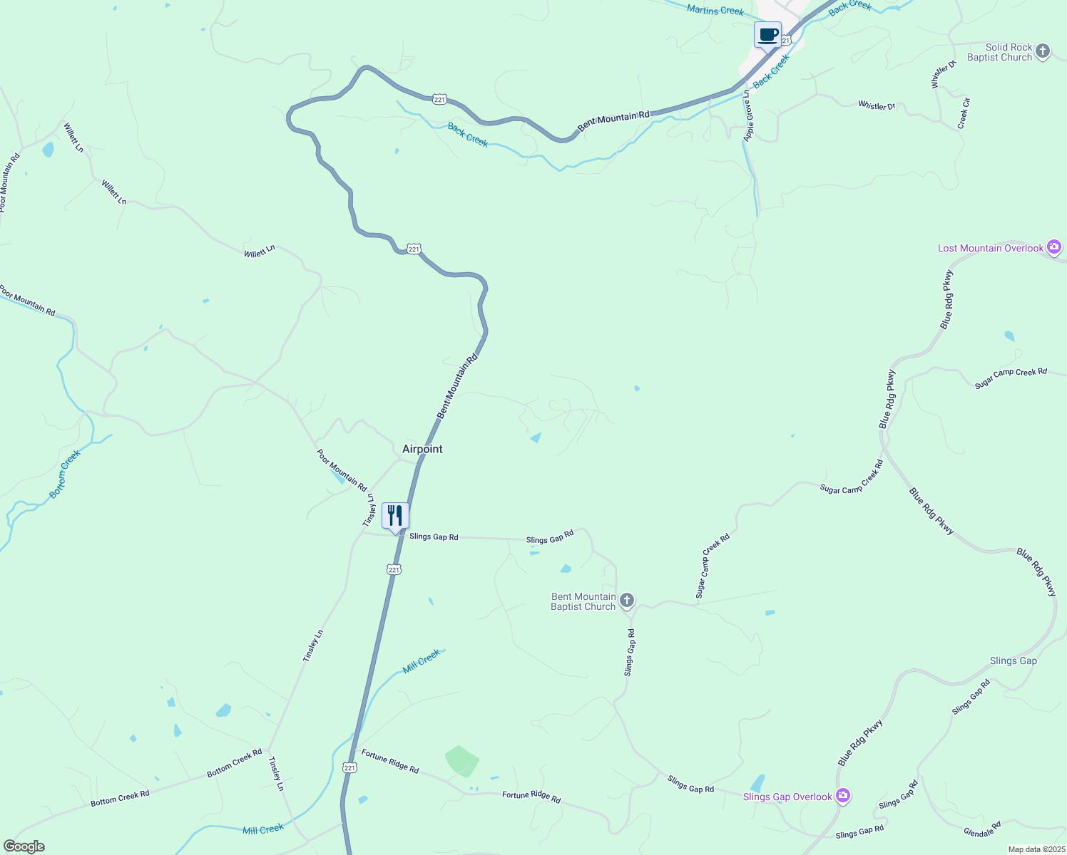 map of restaurants, bars, coffee shops, grocery stores, and more near 9534 Orchard Drive in Bent Mountain