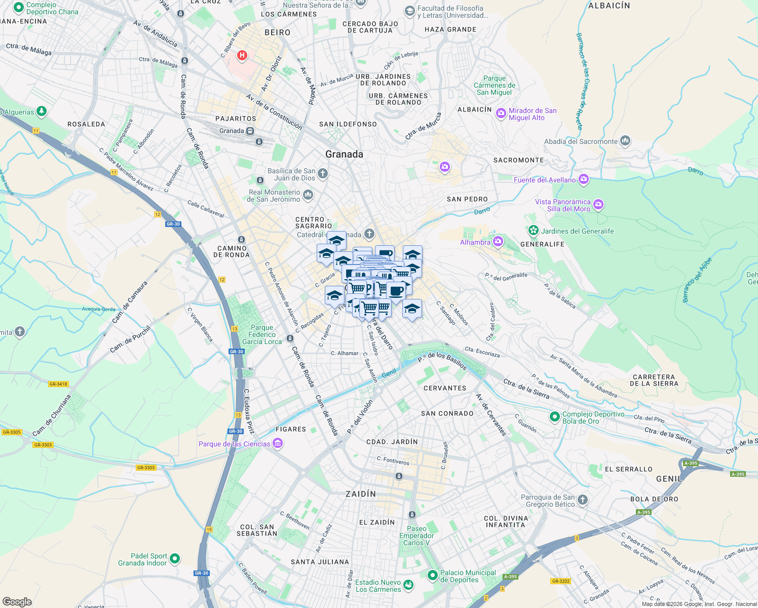 map of restaurants, bars, coffee shops, grocery stores, and more near s/n Calle Ángel Ganivet in Granada