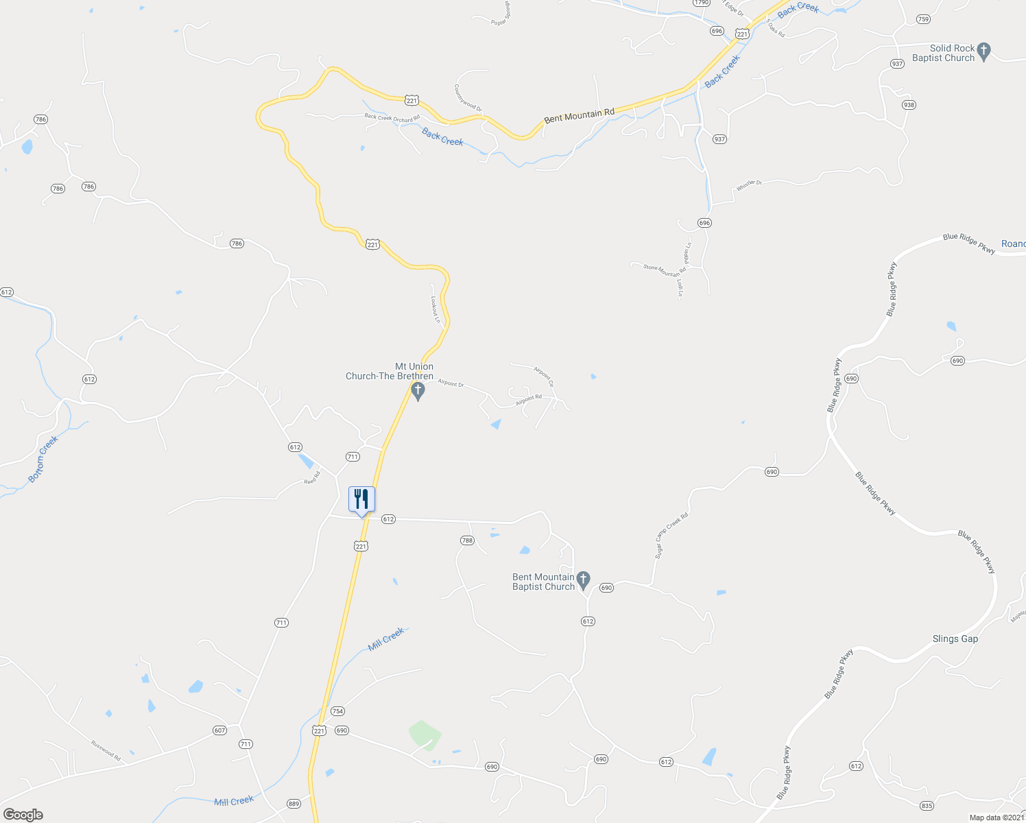 map of restaurants, bars, coffee shops, grocery stores, and more near 9580 Airpoint Road in Bent Mountain
