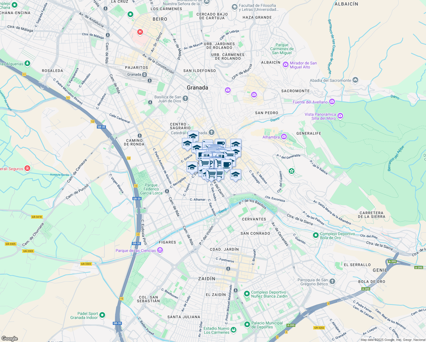 map of restaurants, bars, coffee shops, grocery stores, and more near 15 Calle Acera del Casino in Granada
