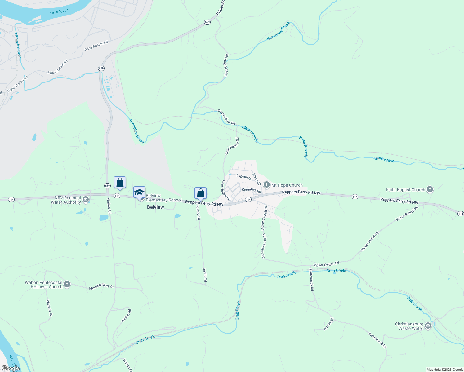 map of restaurants, bars, coffee shops, grocery stores, and more near Mass Circle in Christiansburg