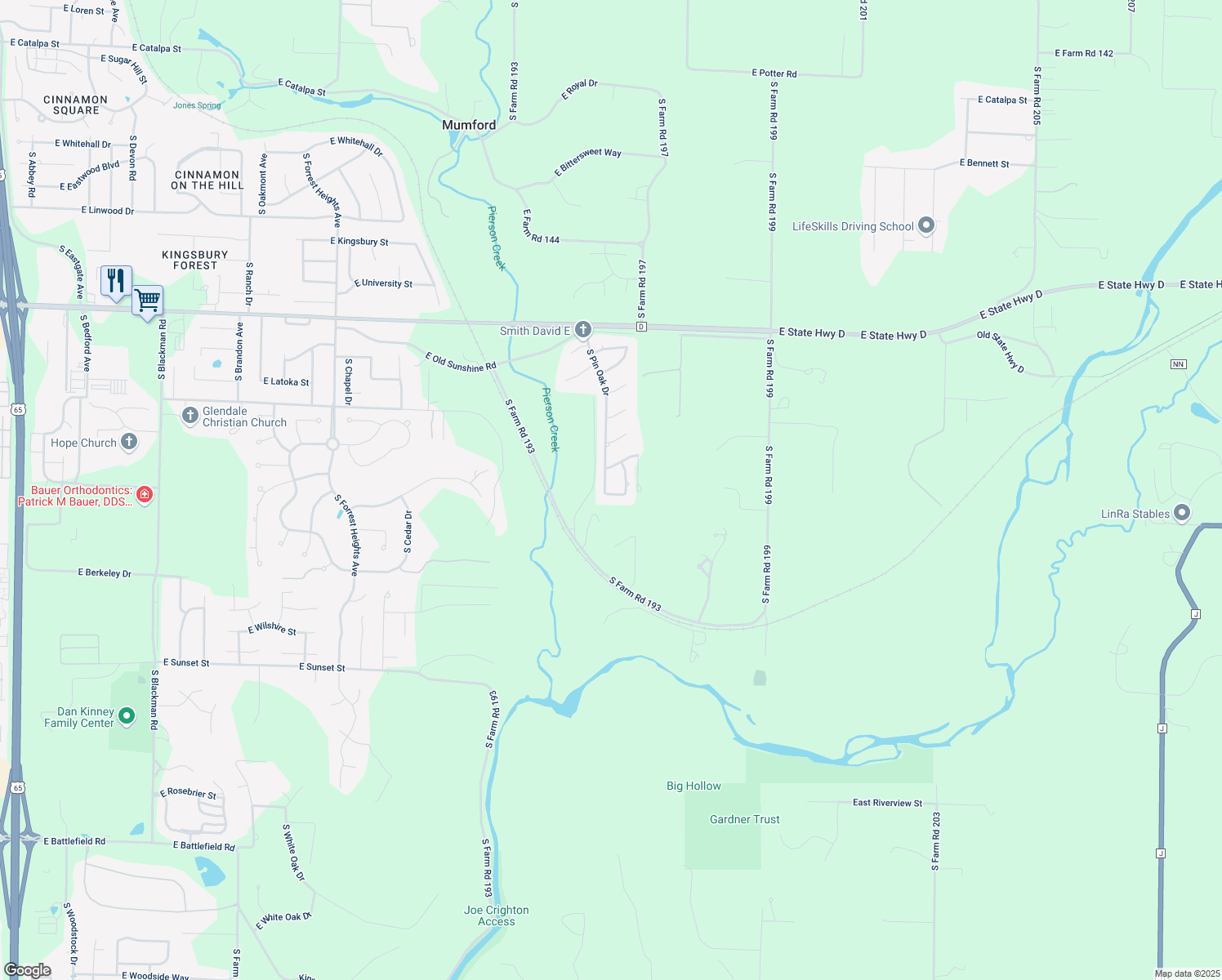 map of restaurants, bars, coffee shops, grocery stores, and more near 2137 South Pin Oak Drive in Springfield
