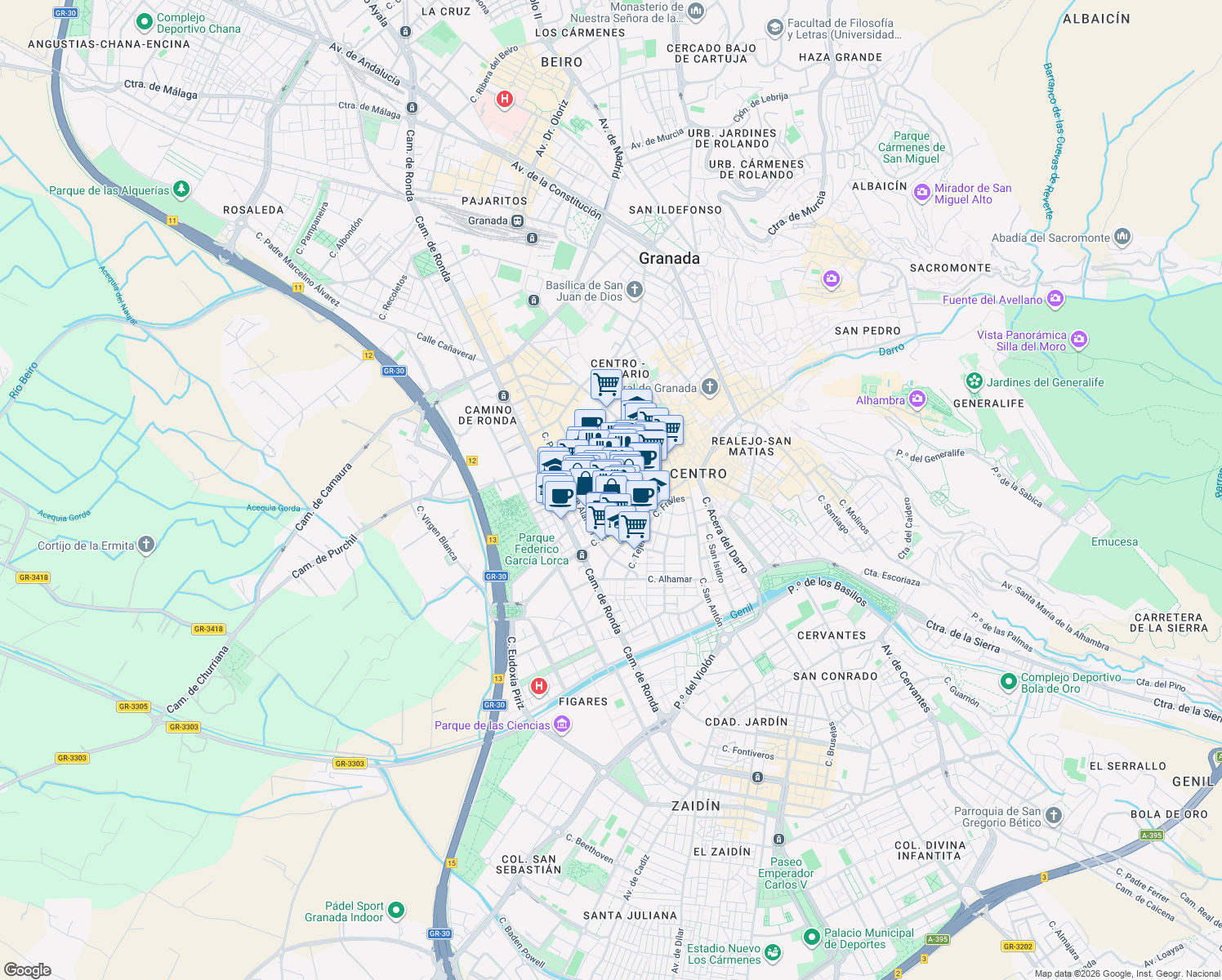 map of restaurants, bars, coffee shops, grocery stores, and more near Plaza de Gracia in Granada