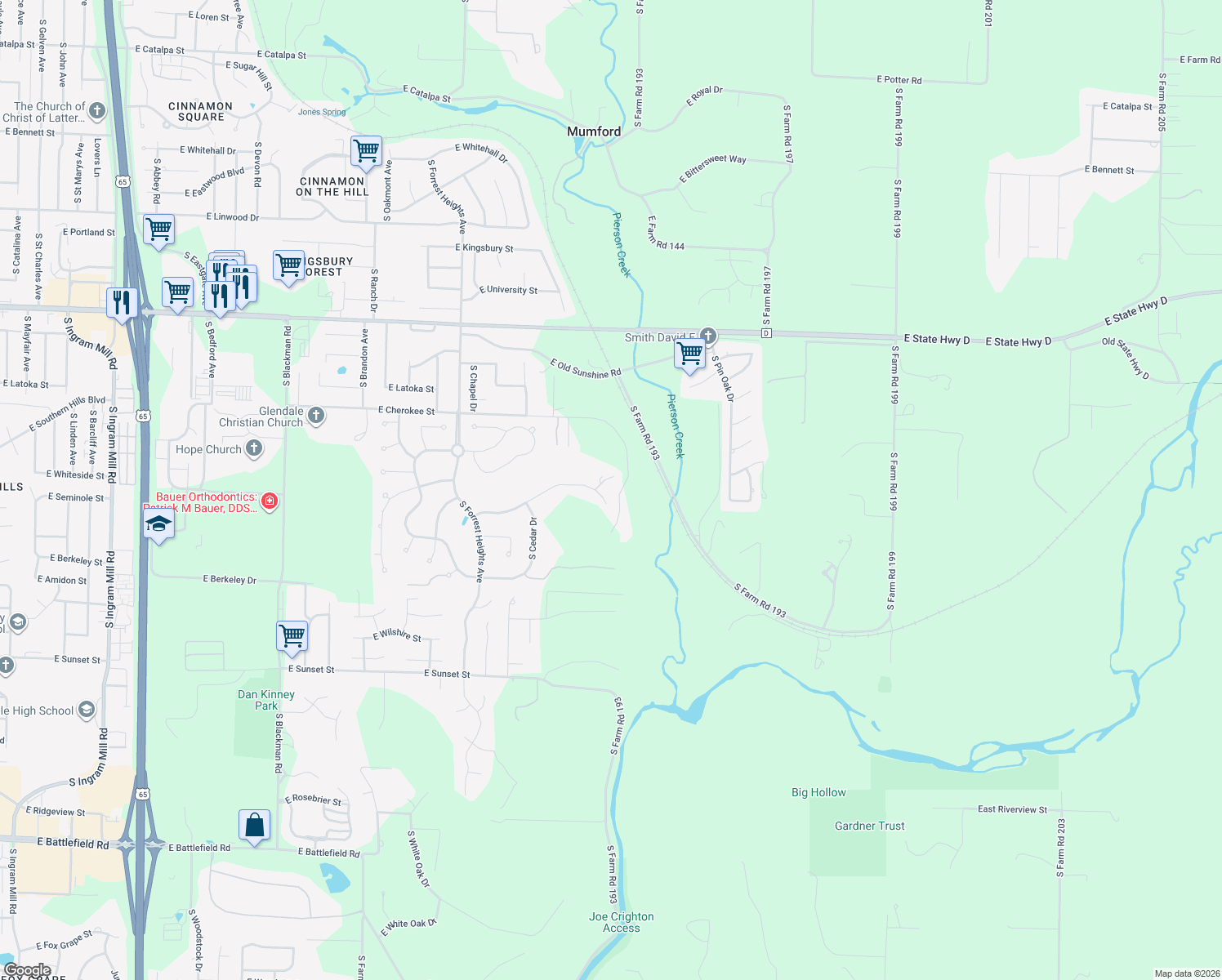 map of restaurants, bars, coffee shops, grocery stores, and more near 2116 South Cross Timbers Court in Springfield