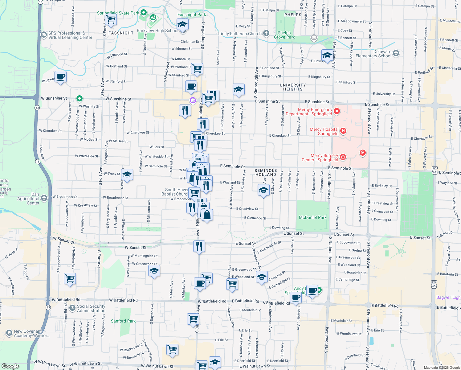 map of restaurants, bars, coffee shops, grocery stores, and more near 330 East Wayland Street in Springfield