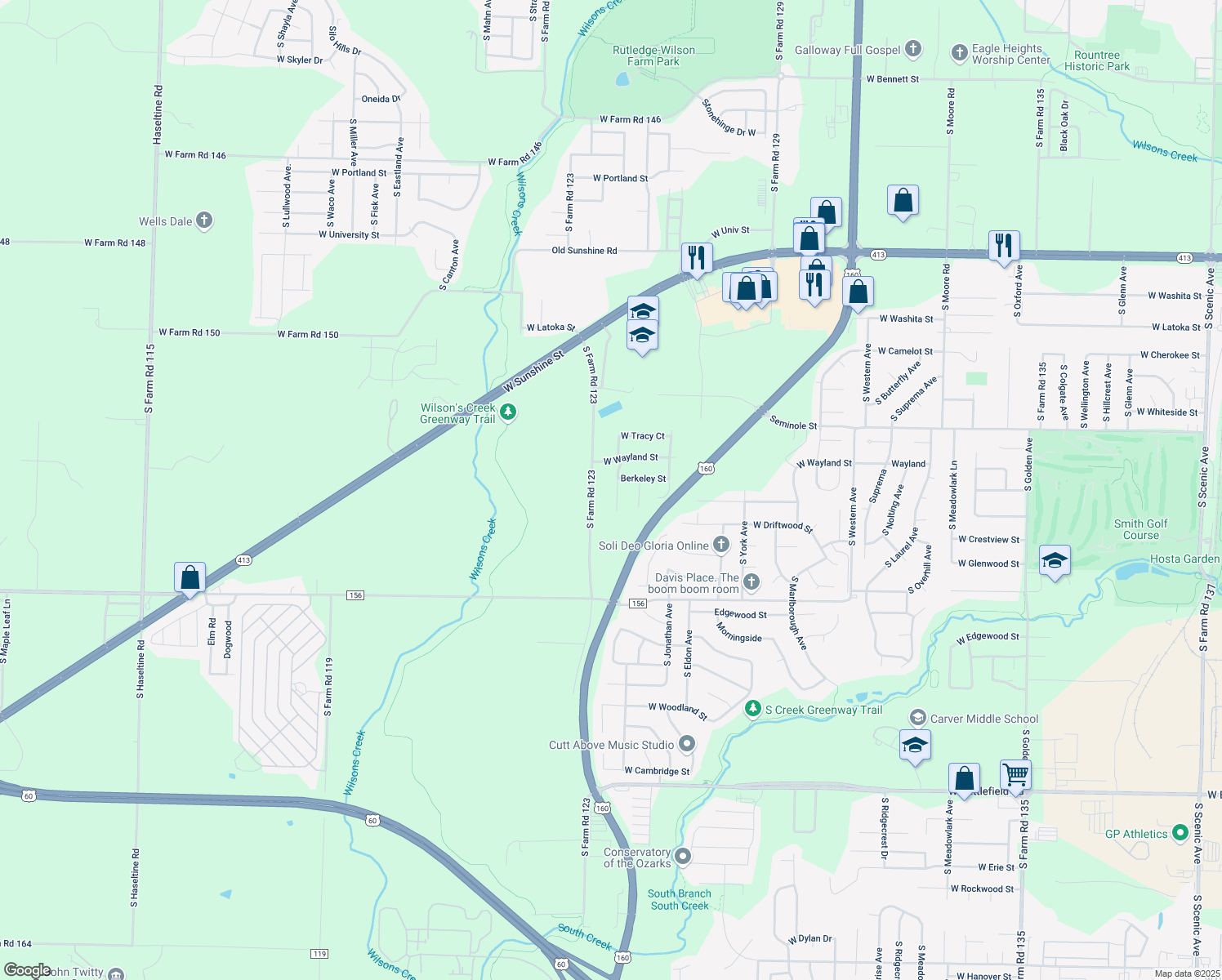 map of restaurants, bars, coffee shops, grocery stores, and more near 2349 South Orchard Crest Avenue in Springfield