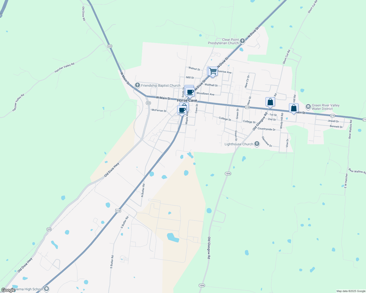 map of restaurants, bars, coffee shops, grocery stores, and more near 322 Maple Ave in Horse Cave