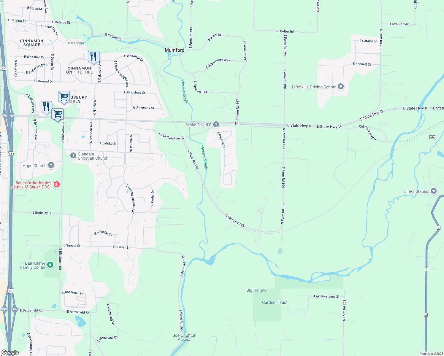 map of restaurants, bars, coffee shops, grocery stores, and more near 2137 South Pin Oak Drive in Springfield