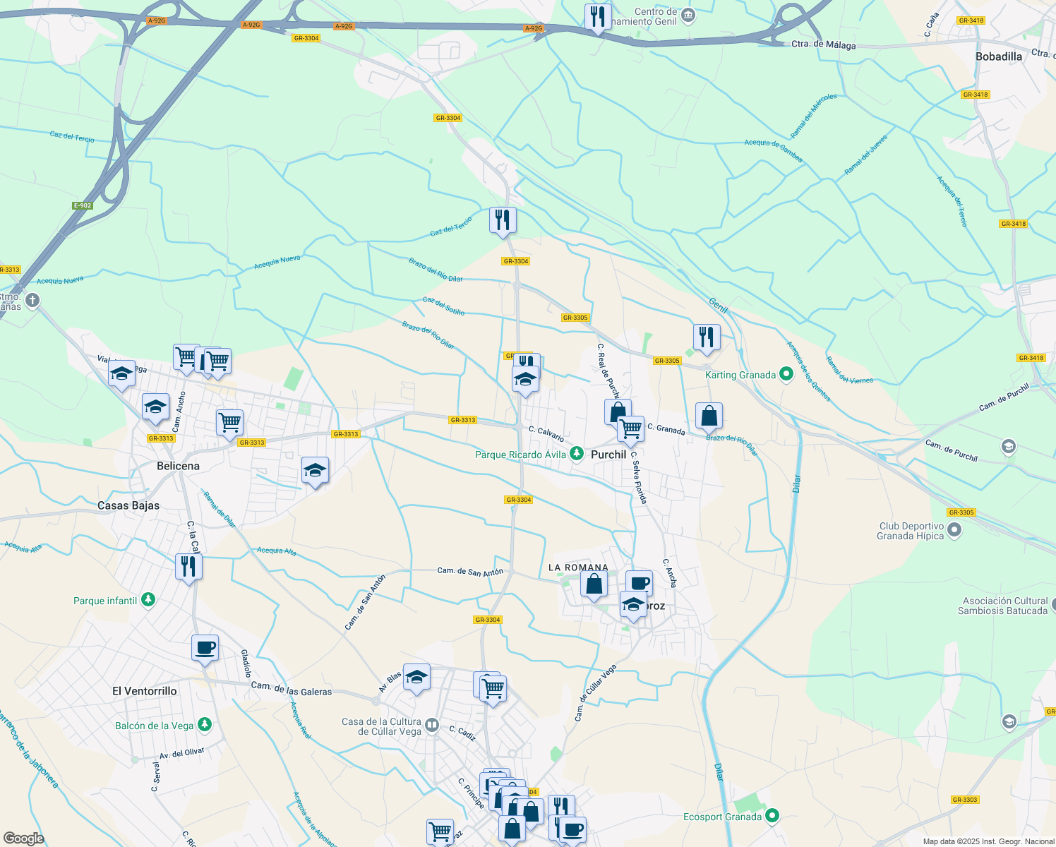 map of restaurants, bars, coffee shops, grocery stores, and more near 64 Calle Calvario in Purchil