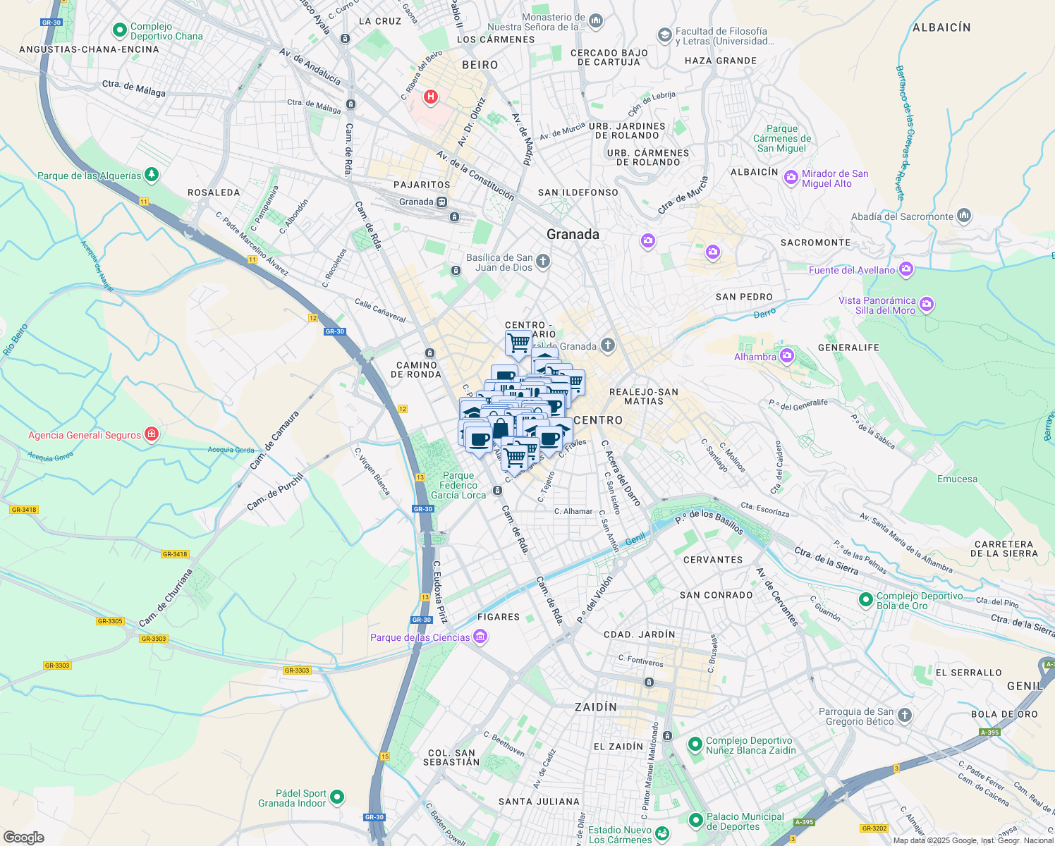 map of restaurants, bars, coffee shops, grocery stores, and more near S/N Plaza de Gracia in Granada