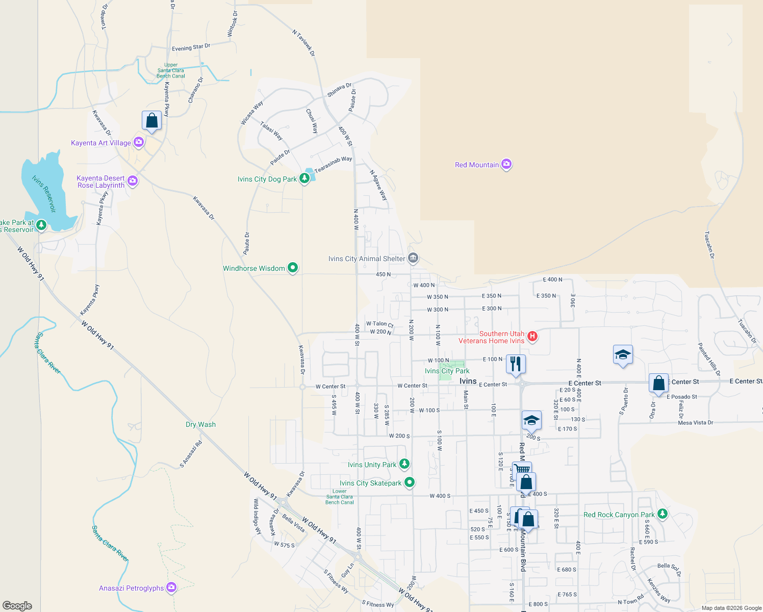 map of restaurants, bars, coffee shops, grocery stores, and more near 306 N Eagle Cove in Ivins