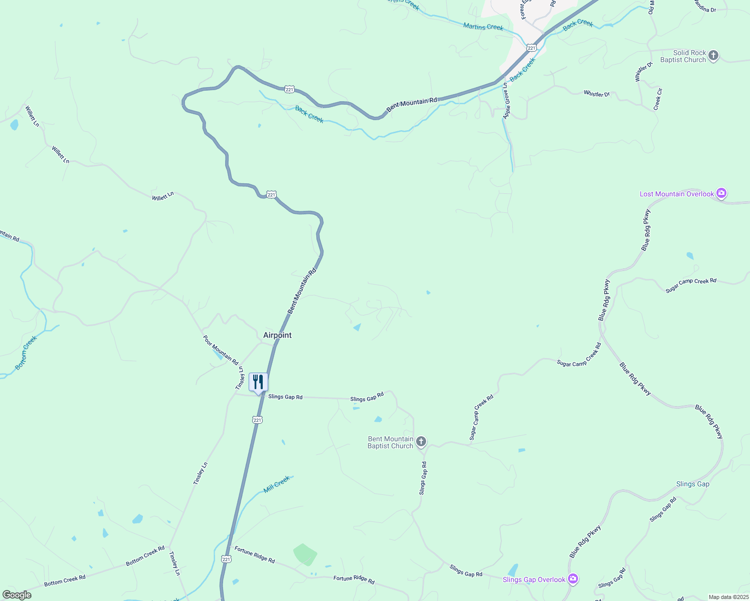 map of restaurants, bars, coffee shops, grocery stores, and more near 9580 Airpoint Road in Bent Mountain