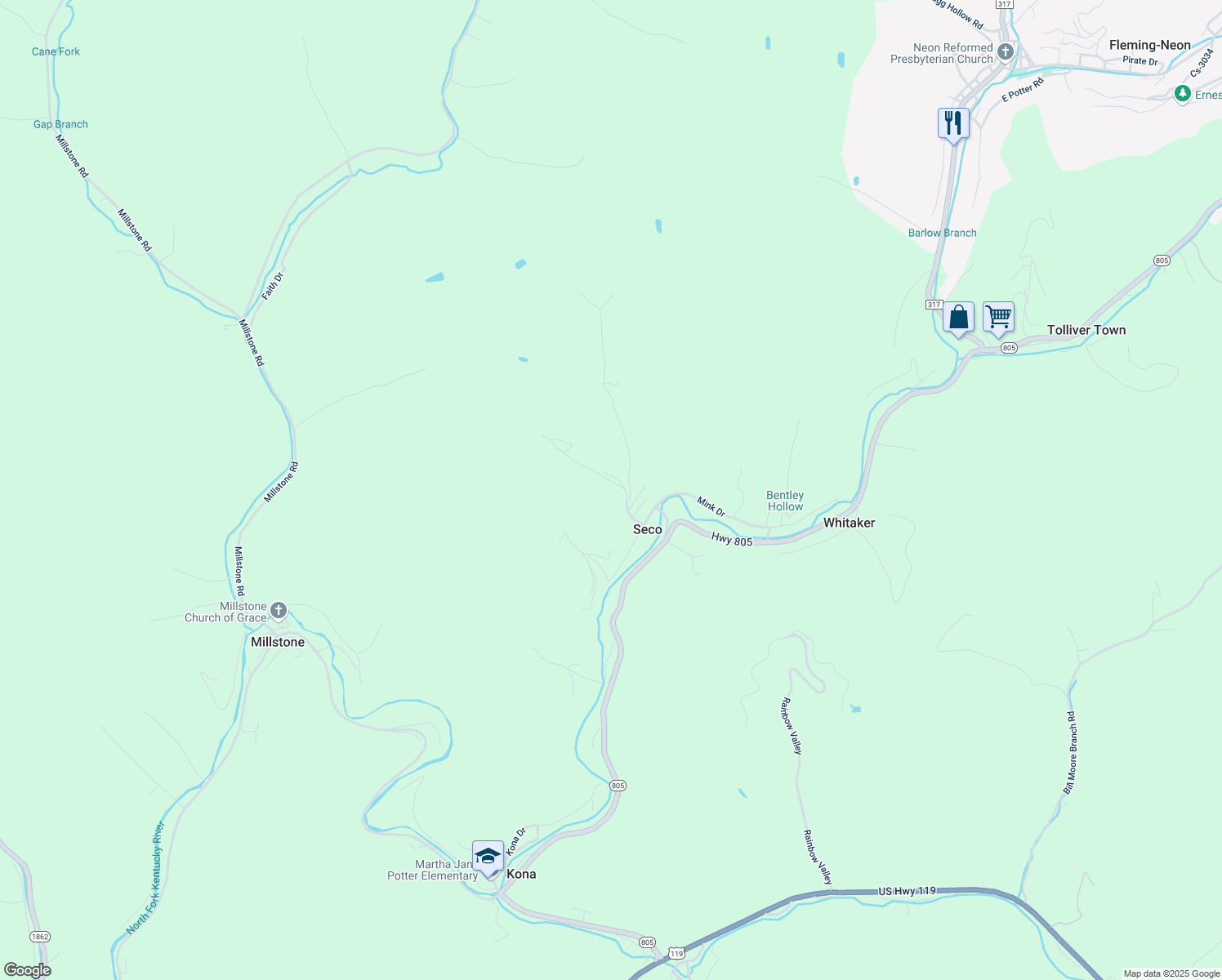 map of restaurants, bars, coffee shops, grocery stores, and more near 285 Seco Drive in Seco
