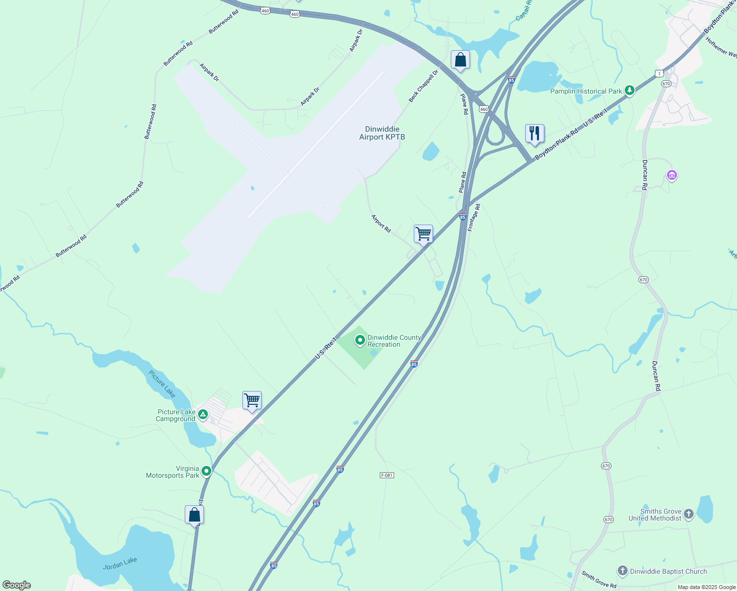 map of restaurants, bars, coffee shops, grocery stores, and more near 7126 Boydton Plank Road in Petersburg