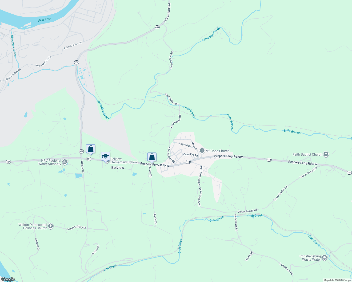 map of restaurants, bars, coffee shops, grocery stores, and more near Sally Ann Drive in Christiansburg