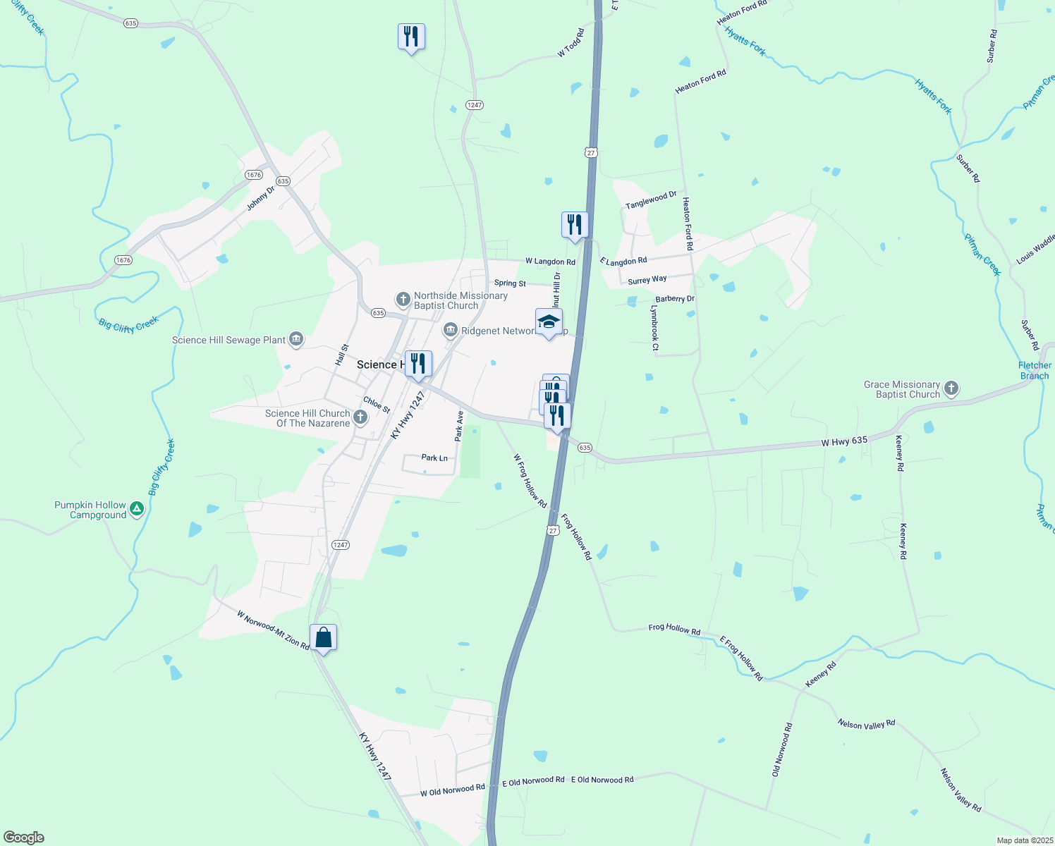 map of restaurants, bars, coffee shops, grocery stores, and more near 110 East Highway 635 in Science Hill