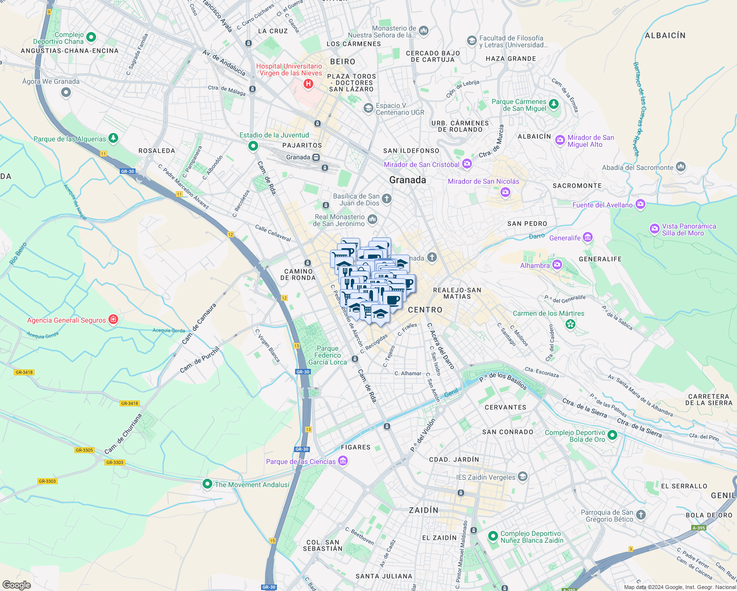 map of restaurants, bars, coffee shops, grocery stores, and more near 36 Calle San Miguel Alta in Granada