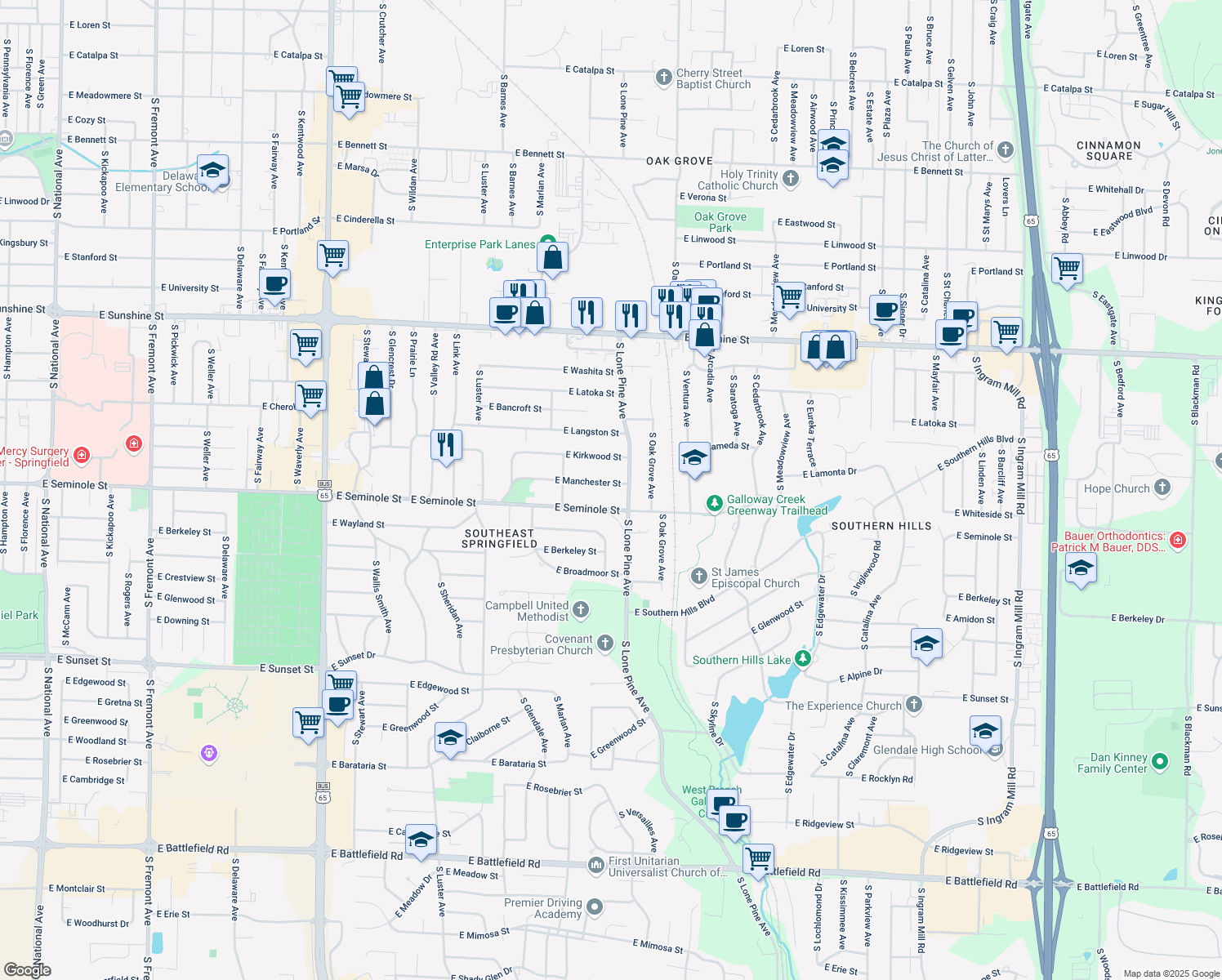 map of restaurants, bars, coffee shops, grocery stores, and more near 2438 E Manchester Dr in Springfield