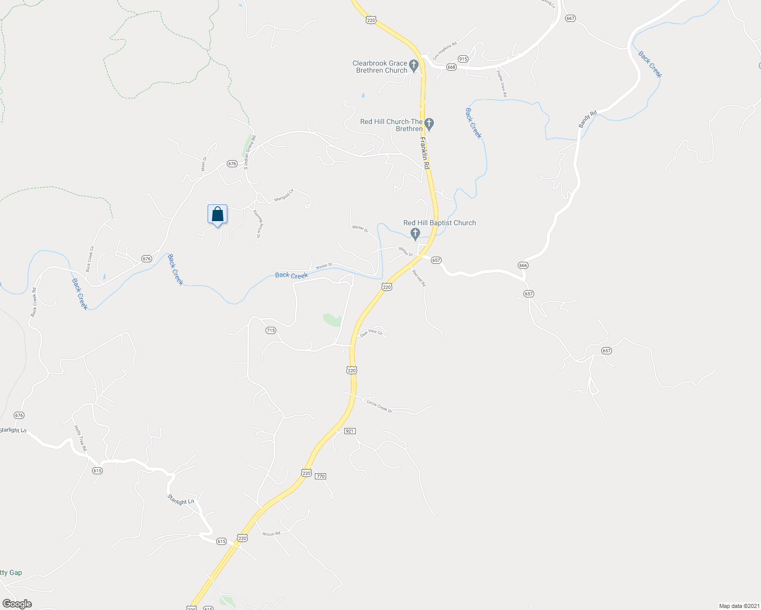 map of restaurants, bars, coffee shops, grocery stores, and more near 6428 Franklin Road in Boones Mill