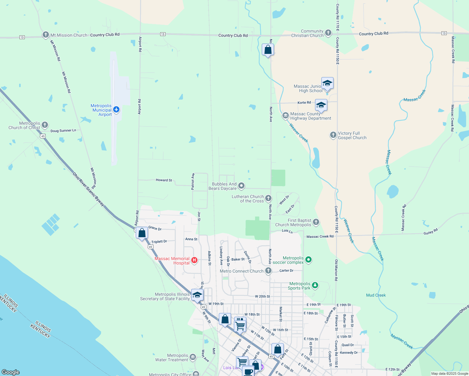 map of restaurants, bars, coffee shops, grocery stores, and more near 1166 Cedar Ln in Metropolis