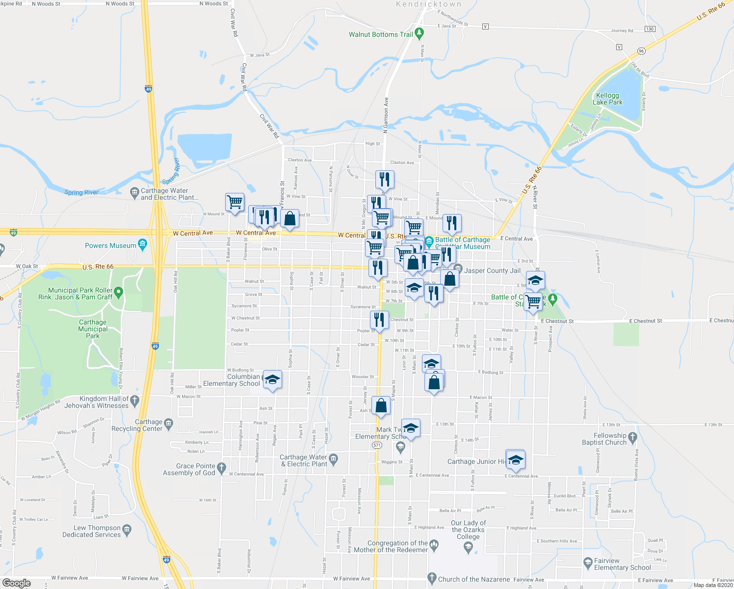 map of restaurants, bars, coffee shops, grocery stores, and more near 612 South McGregor Street in Carthage
