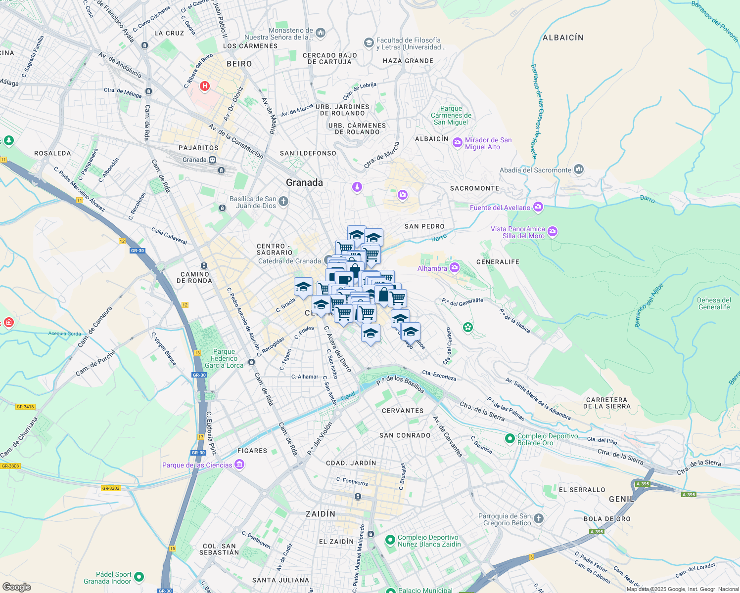 map of restaurants, bars, coffee shops, grocery stores, and more near 2 Calle Santa Escolástica in Granada