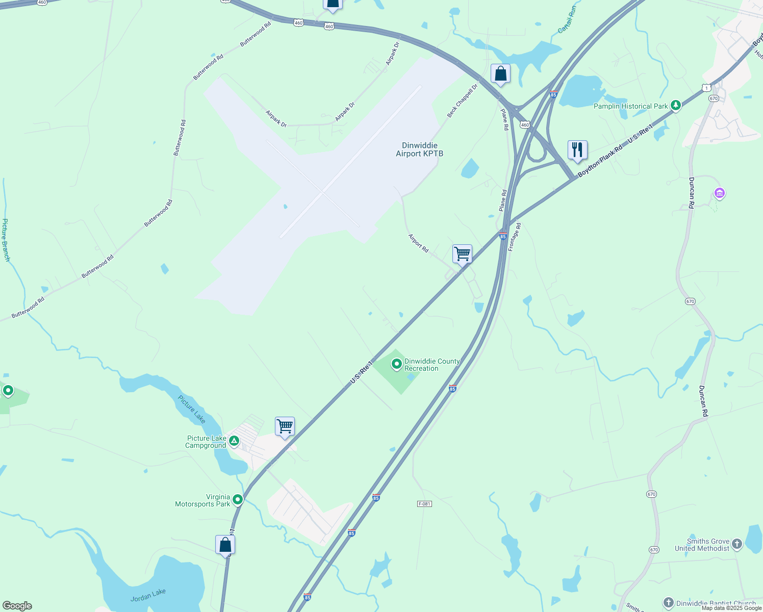 map of restaurants, bars, coffee shops, grocery stores, and more near 23214 Pine Grove Place in Petersburg