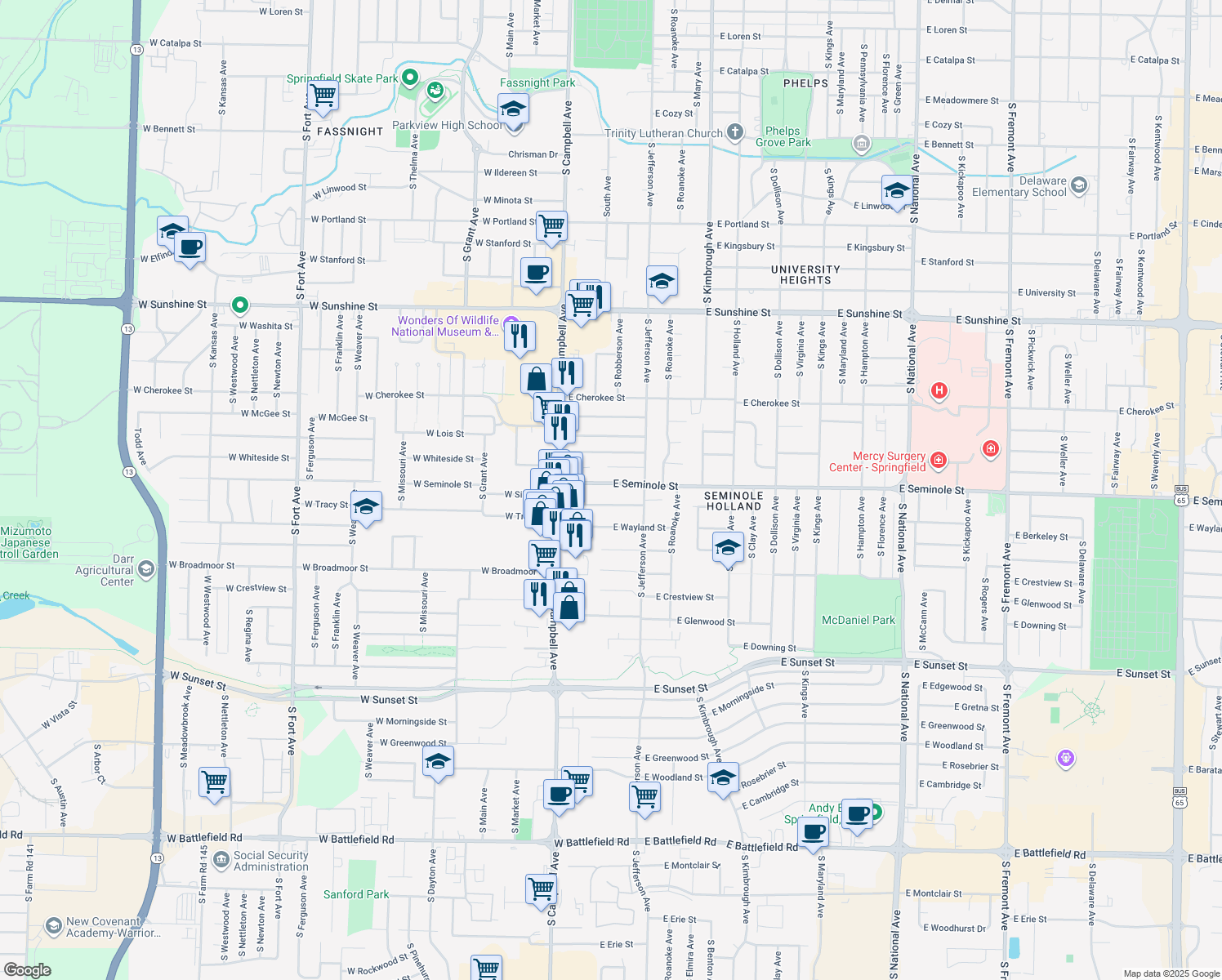 map of restaurants, bars, coffee shops, grocery stores, and more near 214 East Seminole Street in Springfield