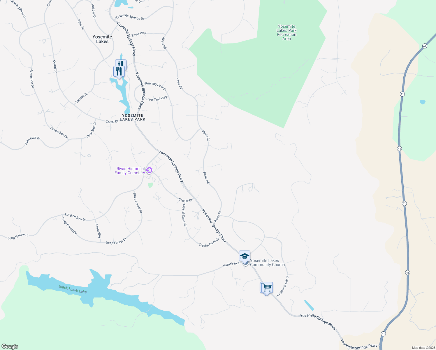 map of restaurants, bars, coffee shops, grocery stores, and more near 43712 Cedar Grove Court in Coarsegold