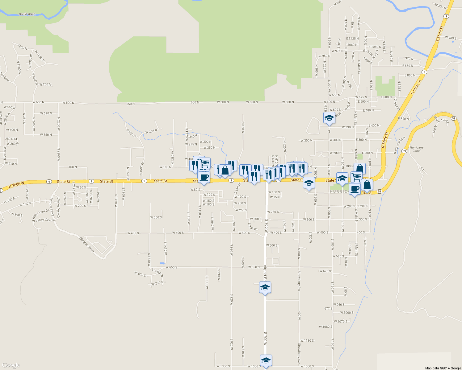 map of restaurants, bars, coffee shops, grocery stores, and more near 979 W State St in Hurricane