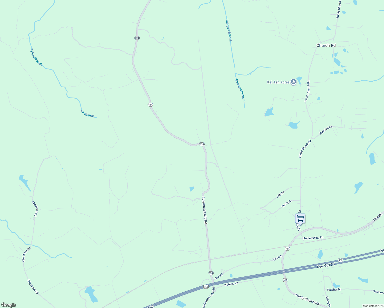map of restaurants, bars, coffee shops, grocery stores, and more near 7114 Colemans Lake Road in Church Road