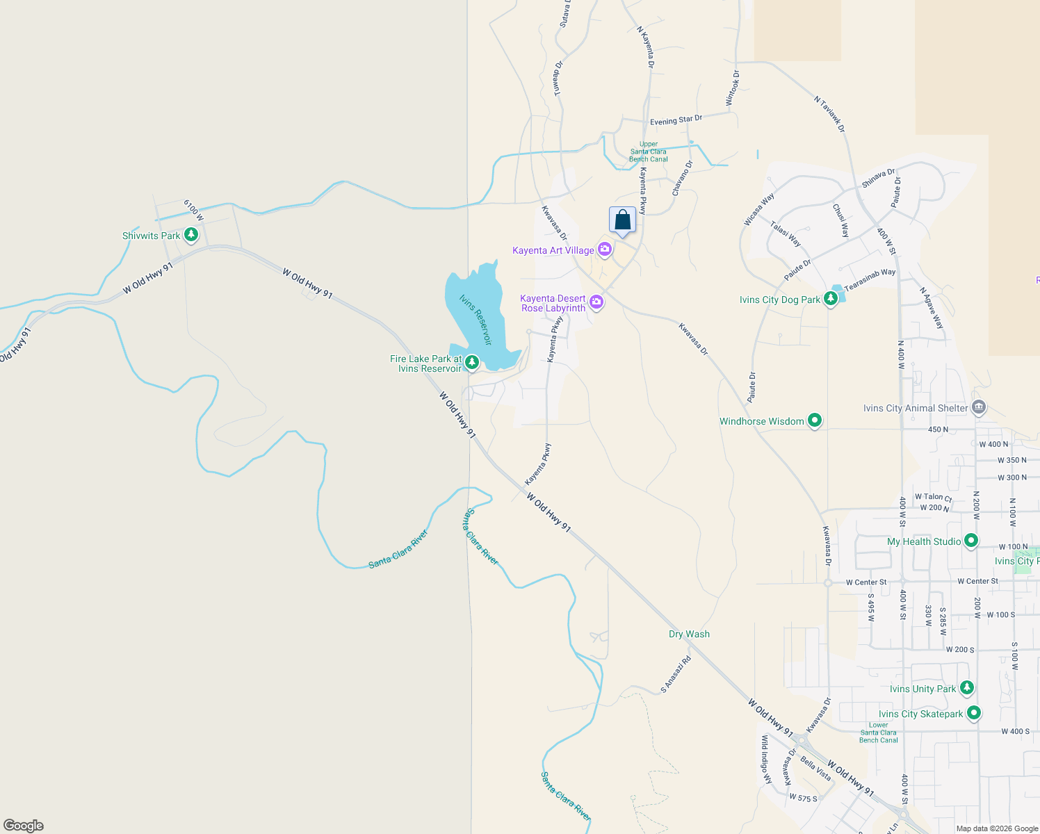 map of restaurants, bars, coffee shops, grocery stores, and more near 1424 Willow Springs Circle in Ivins